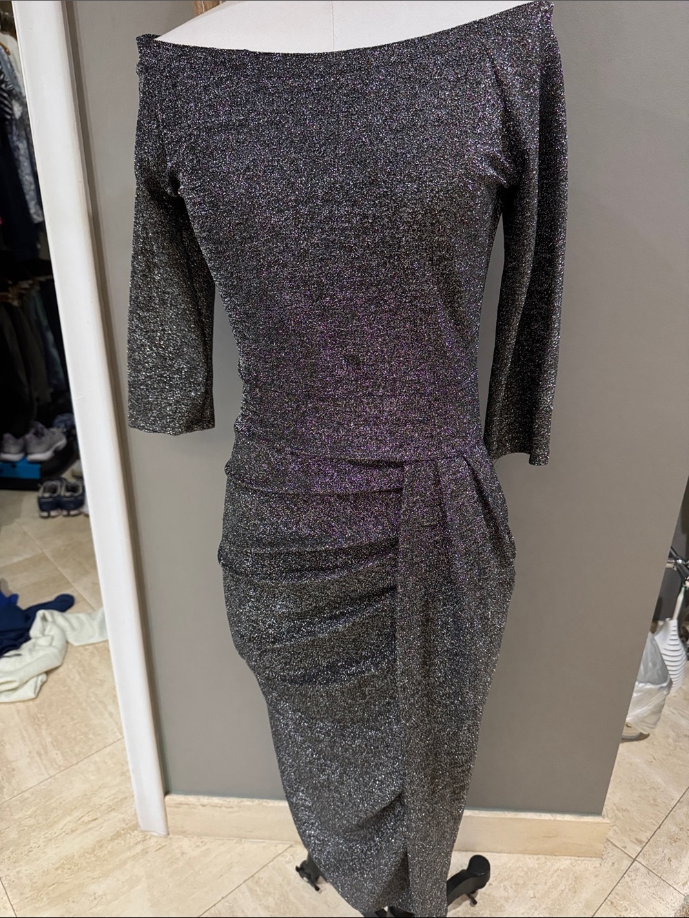 CBR Glitter Off-Shoulder Long Sleeve Sheath Dress - Black with Silver Sparkle